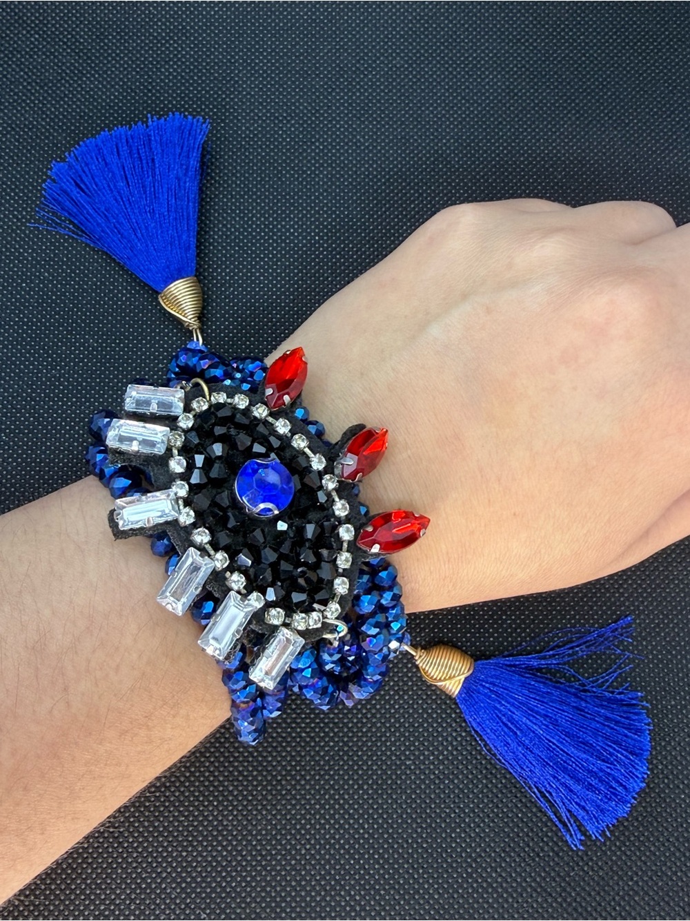 Handmade Royal Blue Beaded Tassel Statement Bracelet with Crystal Accents